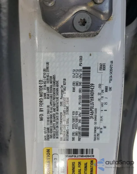 2017 Ford Fusion Se Hybrid from USA, damaged, VIN 3FA6P0LU7HR409439